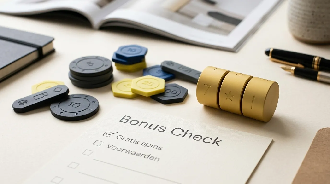 Illustratie van een bonuschecklist met eurobedrag, free spins en voorwaarden