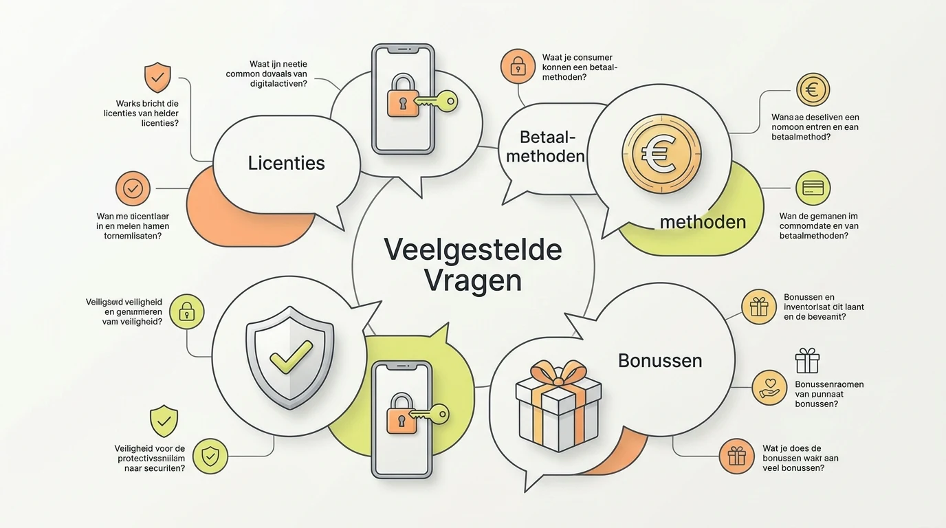 Illustratie van FAQ-spraakballonnen met neutrale euro-, schild- en vraagtekeniconen