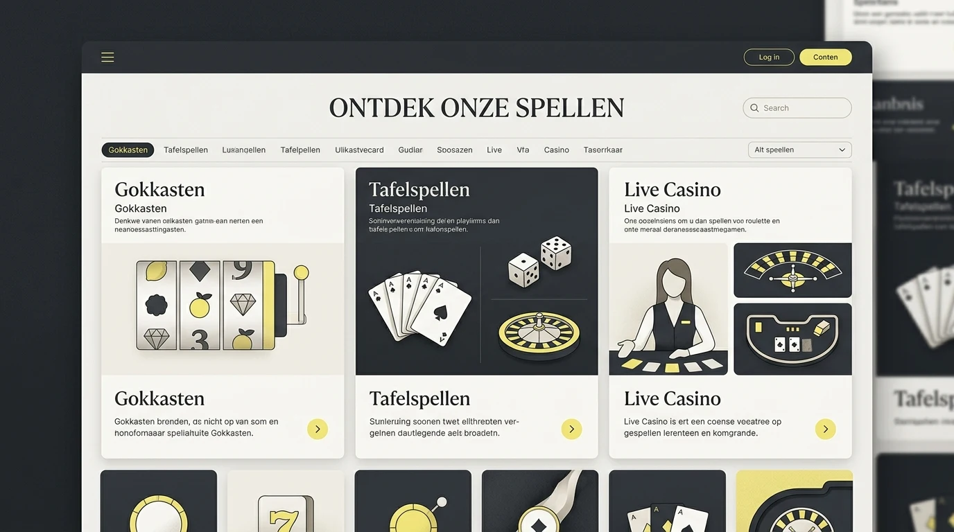 Illustratie van verschillende categorieën casinospellen zonder echte merklogo's