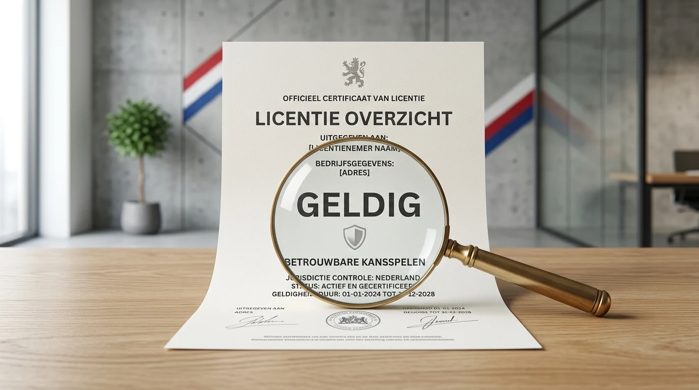 Illustratie van vergunningcontrole met certificaat, vergrootglas en subtiele Nederlandse kleuren zonder echt document