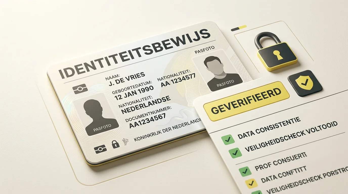 Illustratie van identiteitscontrole met generieke ID-kaart, checklist en slot zonder echte documenten