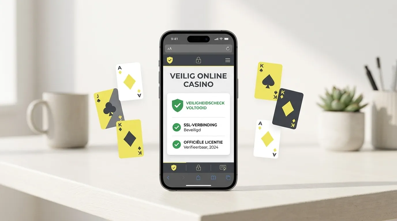 Illustratie van een smartphone met generieke casinokaarten en een veiligheidschecklist zonder echte merkinterface
