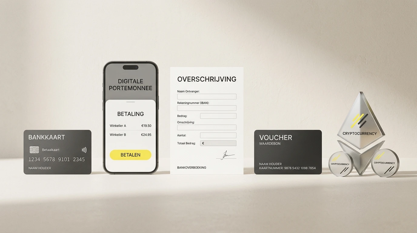 Illustratie van betaalcategorieën zoals kaart, e-wallet, bankroute, voucher en crypto zonder merklogo's